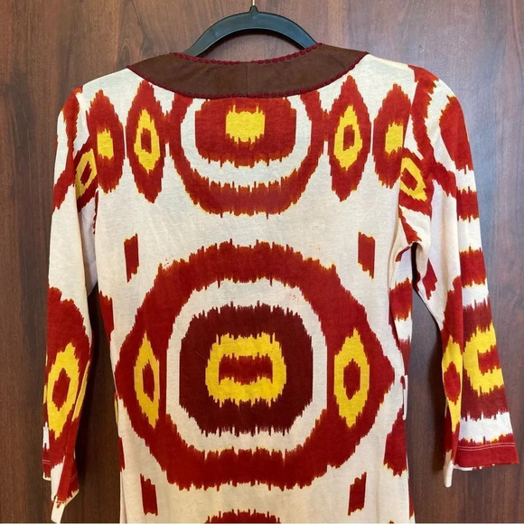 ANTHROPOLOGIE Ranna Gill Silk Kaftan Tunic Ikat Red & Yellow Beaded Size Small - Picture 6 of 6